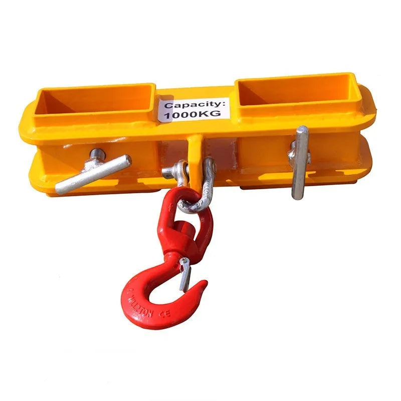 Rotatable iron forklift crane hook with safety lock and locking column, mounted on forklift forks.