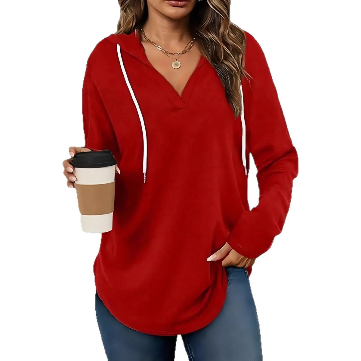 A red women's V-neck sweatshirt with an attached hood, shown in a loose, medium-length fit.