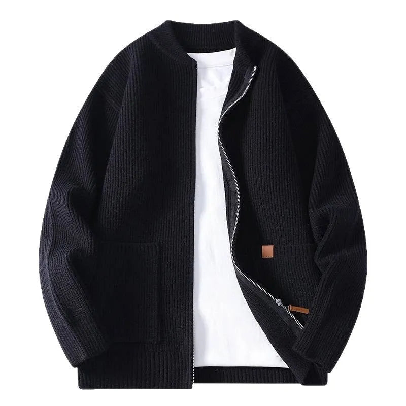 Men's striped sweater cardigan jacket in beige, grey, black, red, or green colour options on a hanger.