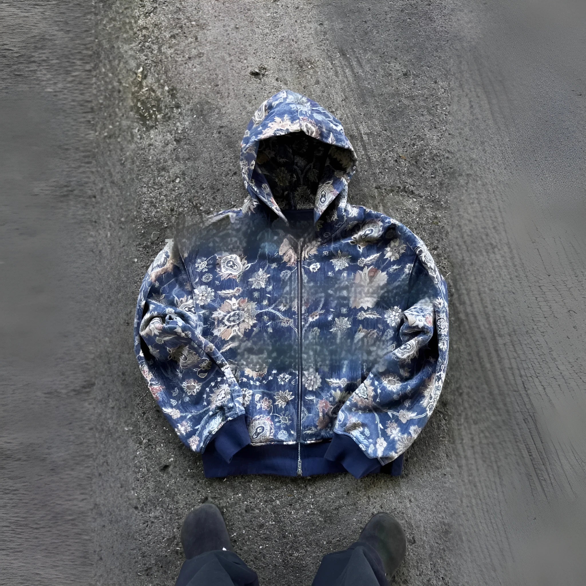 A man's loose-fitting zip-up hooded coat in red or blue with a digital print design.