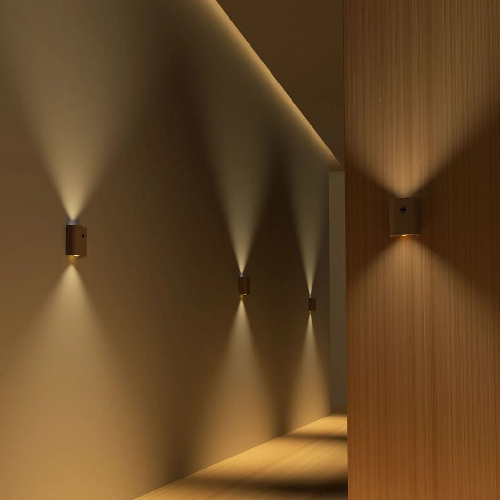 Solid wood pattern human body induction LED light, 73x56x28mm, warm white 2700K to 3000K, Beech or Sapele linkage option