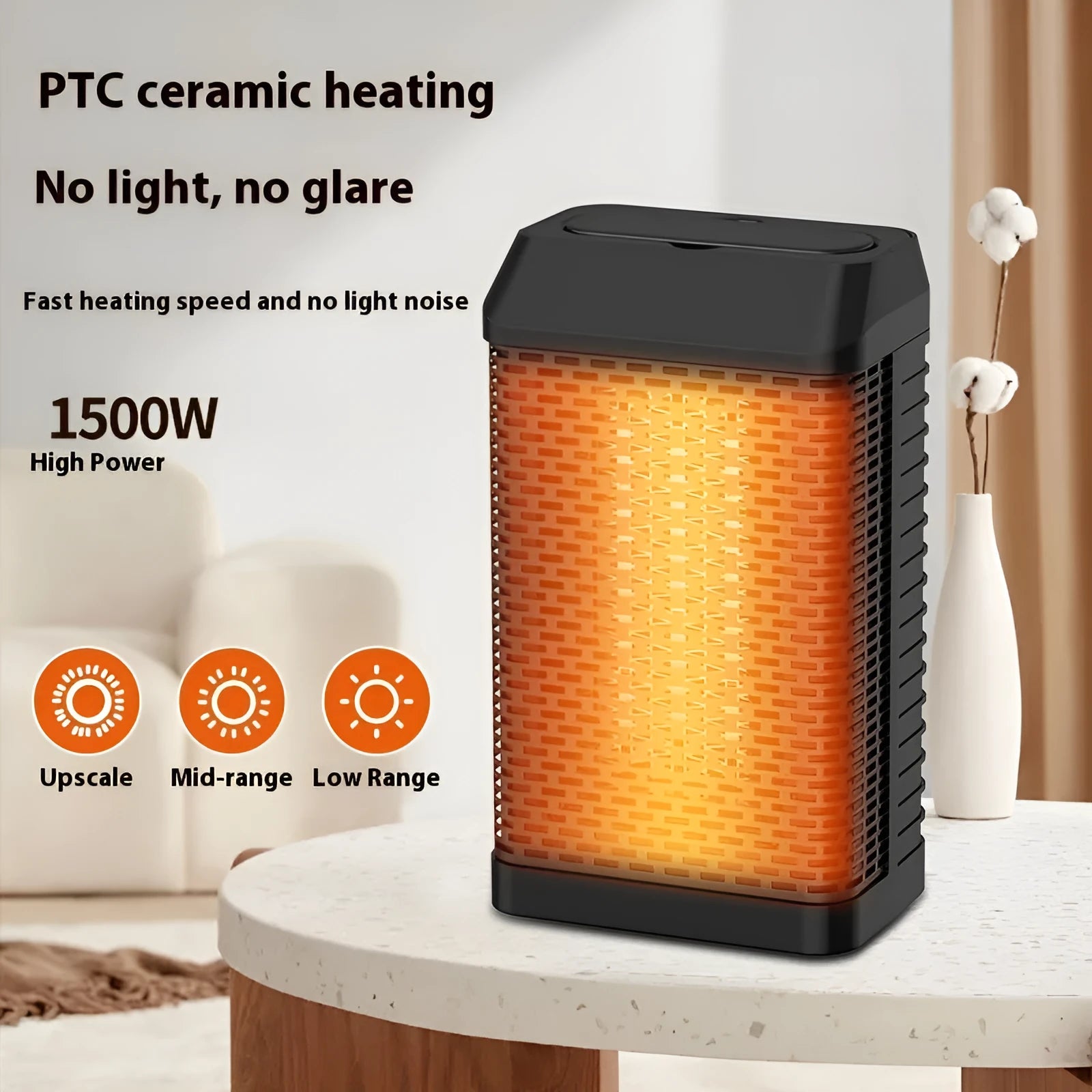 Black remote control desktop electric heater showing compact dimensions and shaking head mechanism
