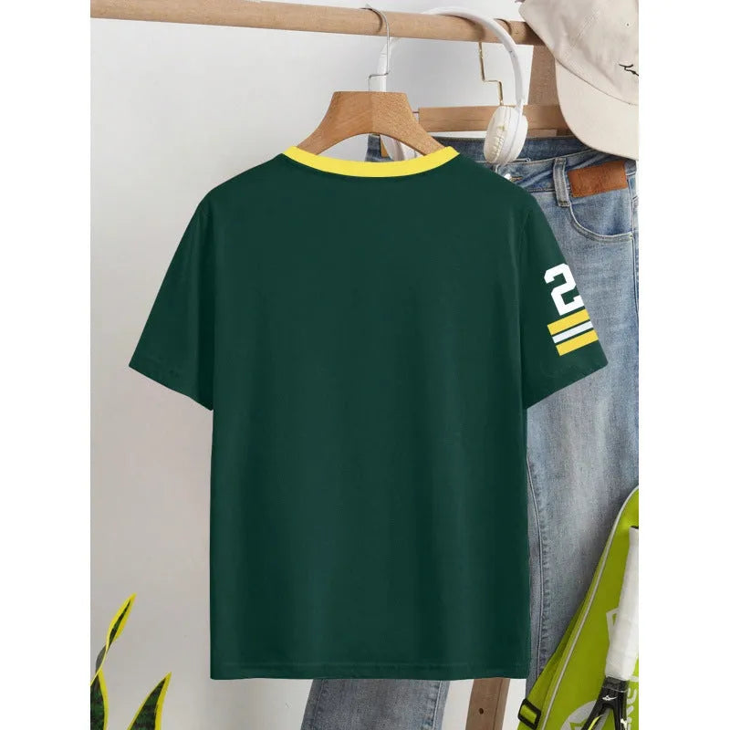 Red or green loose fit cotton t-shirt with digital print letter design and short sleeves