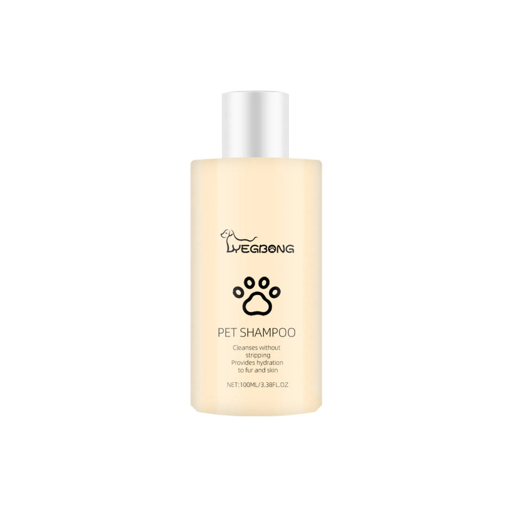 Bottle of mild pet shampoo for dogs and cats, available in 100ml and 300ml sizes.