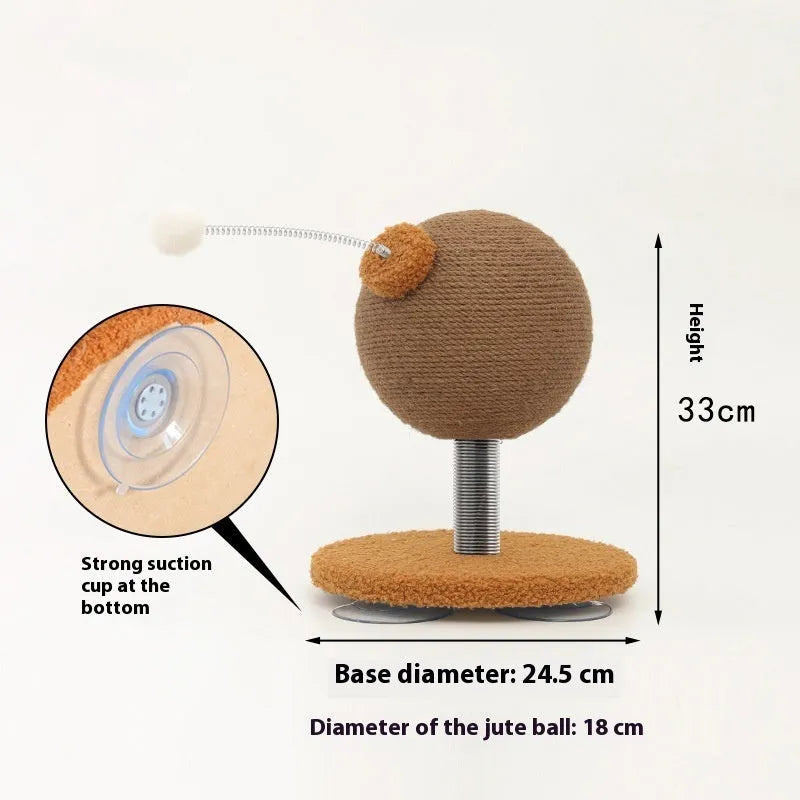 Hemp rope cat scratching post with feeding ball attachment in large and small sizes