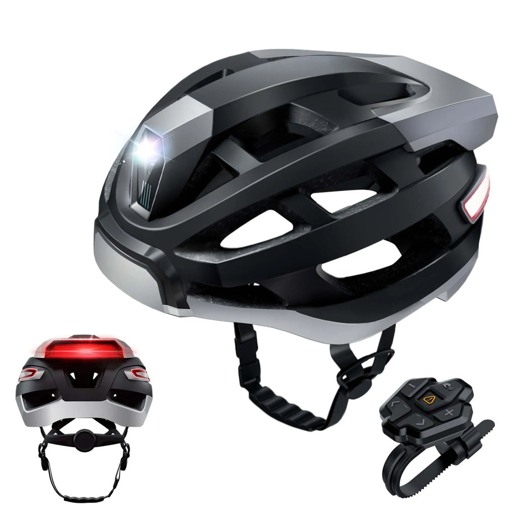 Black and grey smart cycling helmet with integrated warning lights for adult riders, free size 57-62cm