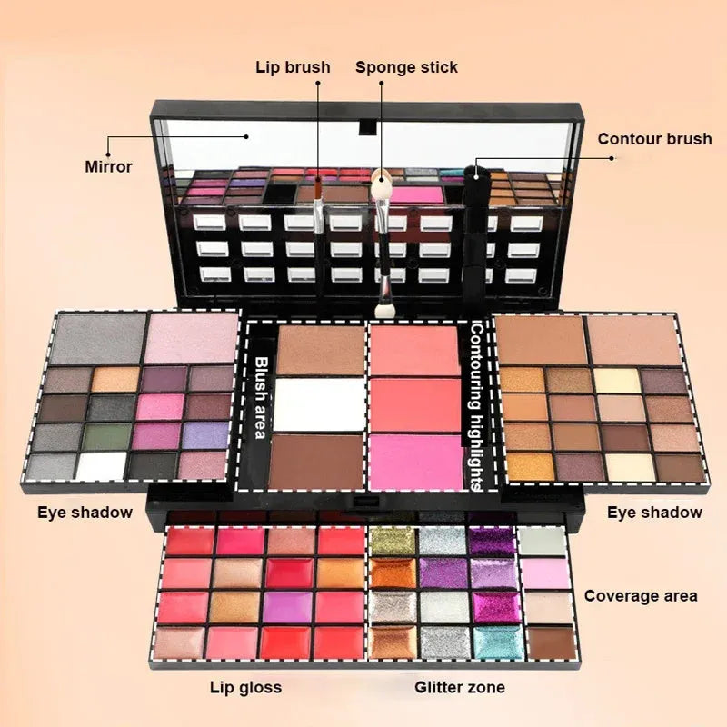 74 colour makeup palette open showing eyeshadows, lip glosses, and face powders with a mirror and brushes.