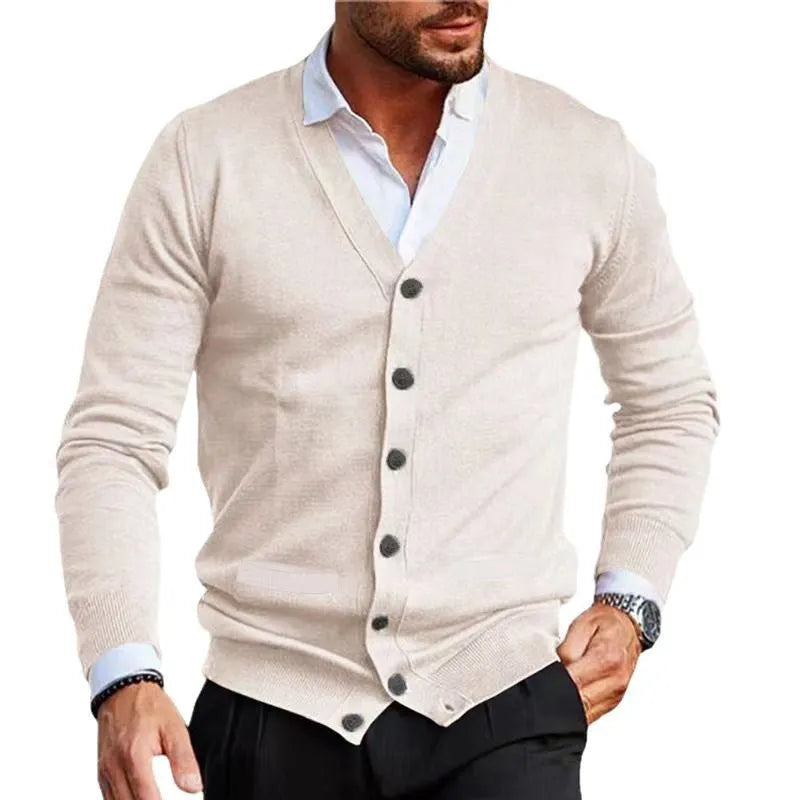 Men's slim fit acrylic cardigan sweater in autumn colours on hanger