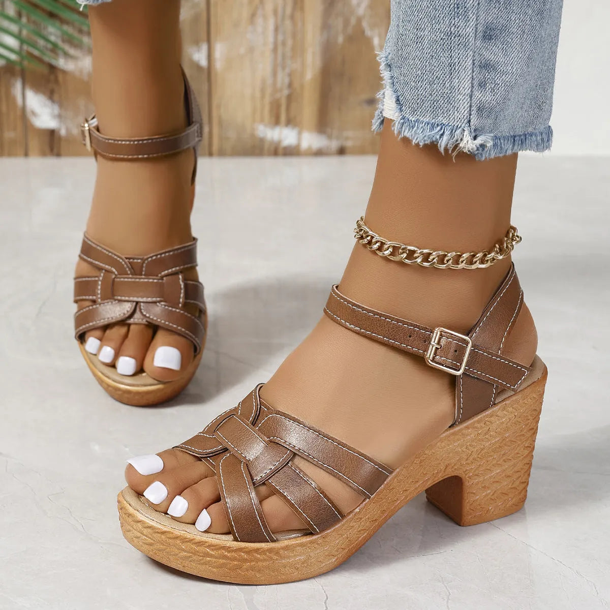 Plus size women's Roman peep toe sandals with chunky heel and ankle strap buckle in PU leather