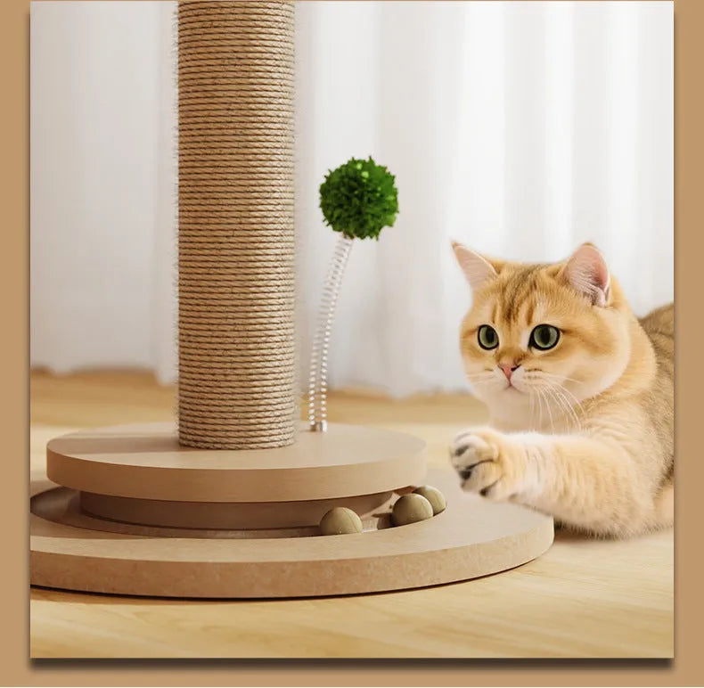 Vertical cat climbing frame with hemp rope scratching posts and natural wood-coloured grab columns