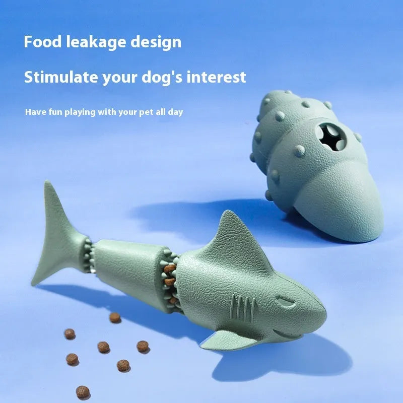 Deep sea shark rubber dog toy in blue or green colour options for pet chewing and play.