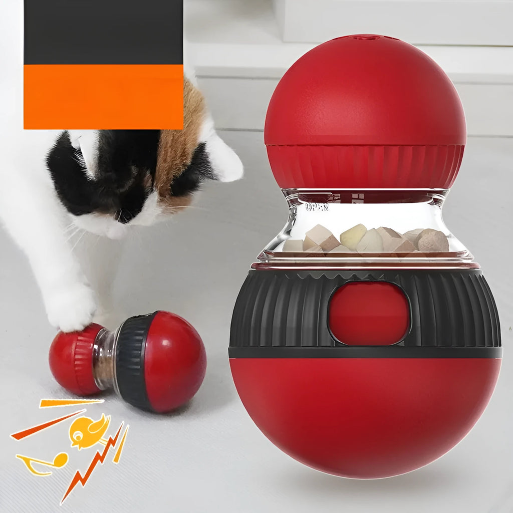 Plastic rotating cat toy ball with sound mechanism and treat dispensing hole measuring 155mm