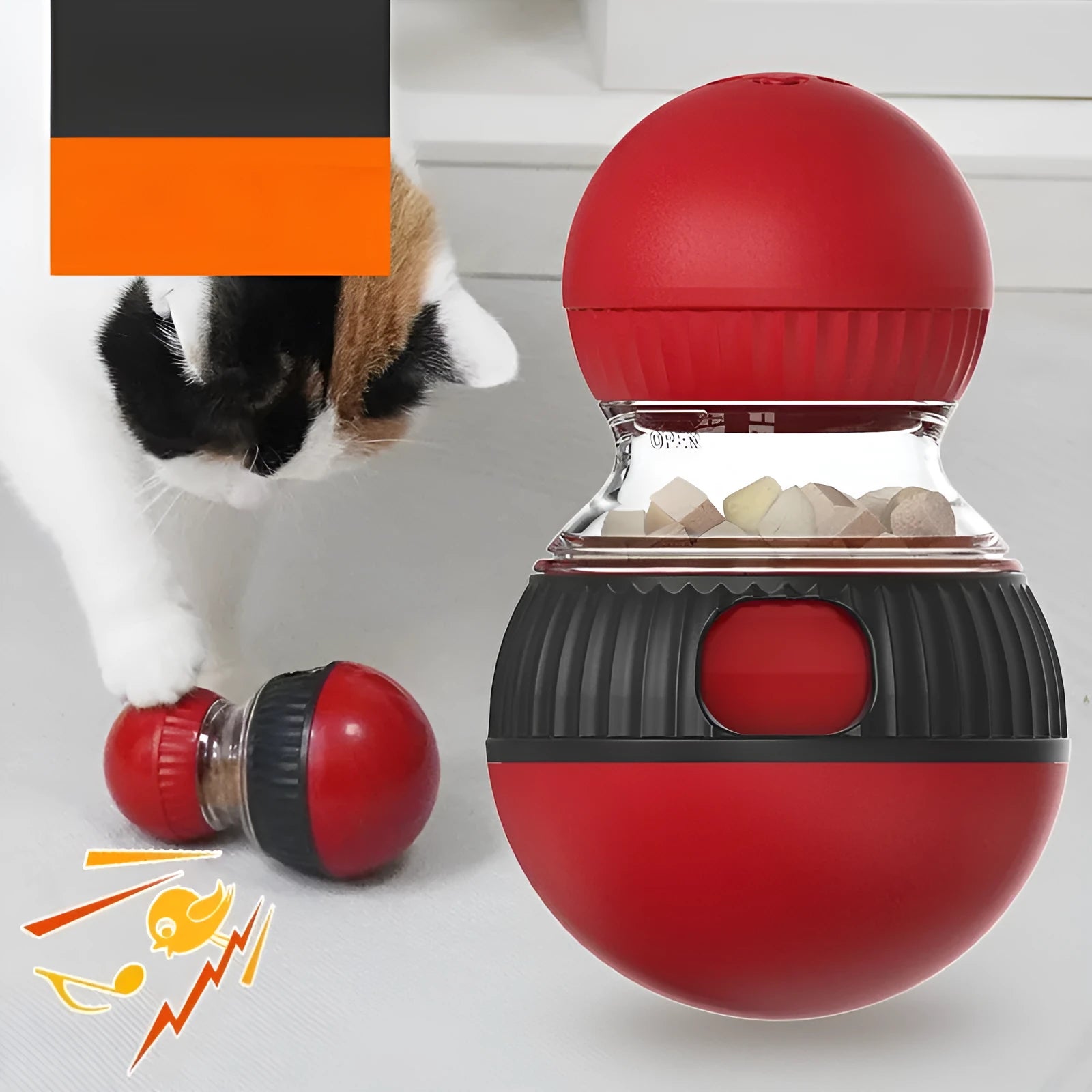 Plastic rotating cat toy ball with sound mechanism and treat dispensing hole measuring 155mm