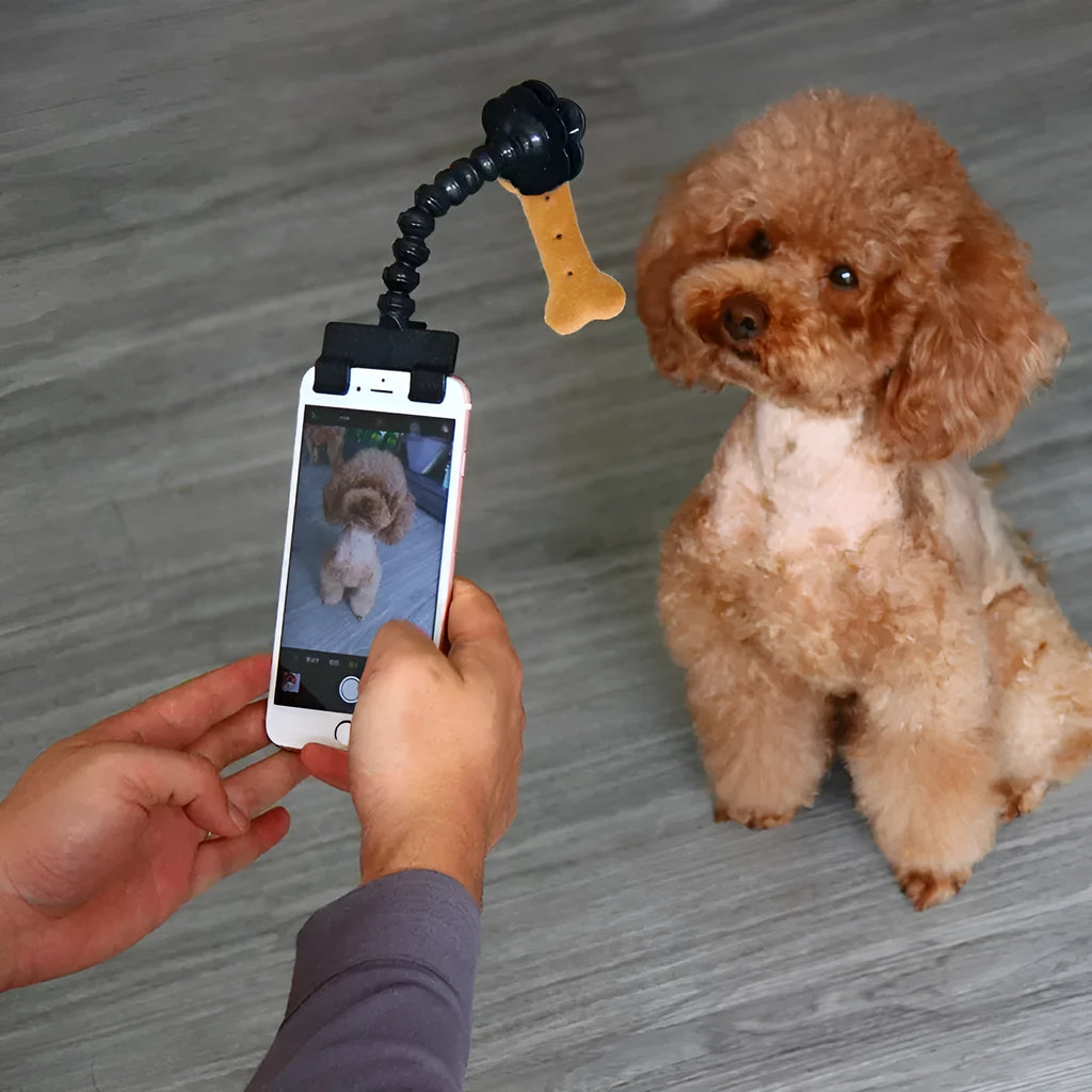 Black plastic pet photography tool with rotating clip for mobile phone attachment