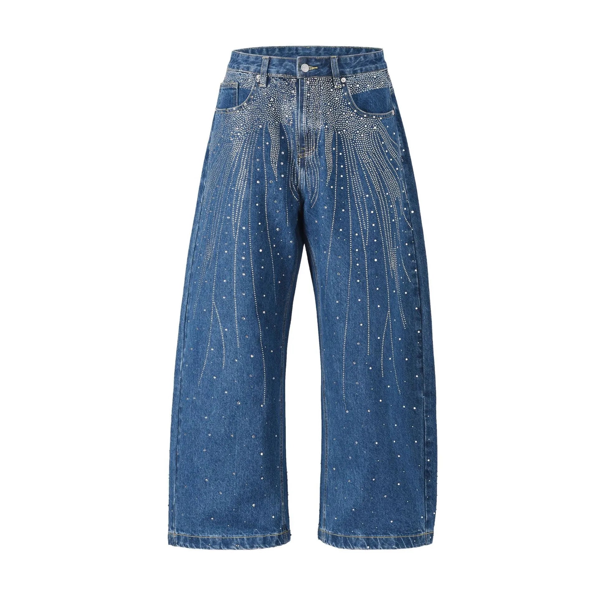 Blue loose-fitting wide-leg cotton trousers on hanger showing pullover style and streetwear design