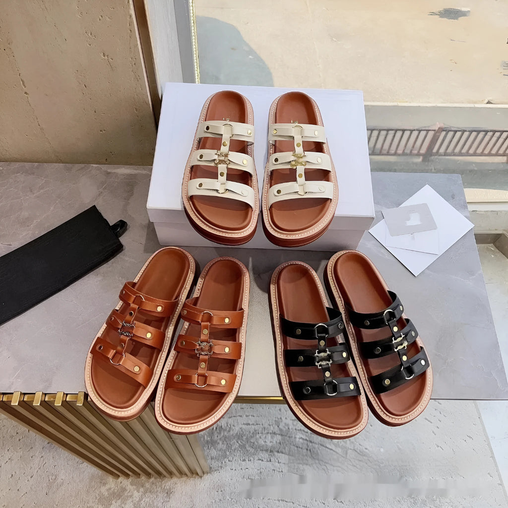 Women's brown Roman style sandal slippers made from glossy patent sheepskin leather