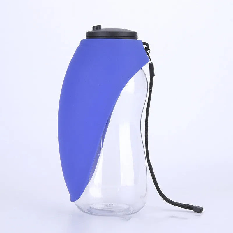 Sky blue portable pet water bottle with drinking sink and key-lock, showing 680ml capacity.
