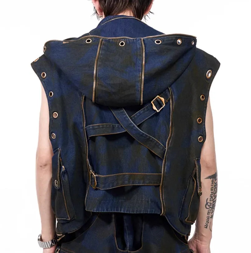 Blue Korean style hooded denim vest coat with matching trousers, front zipper closure