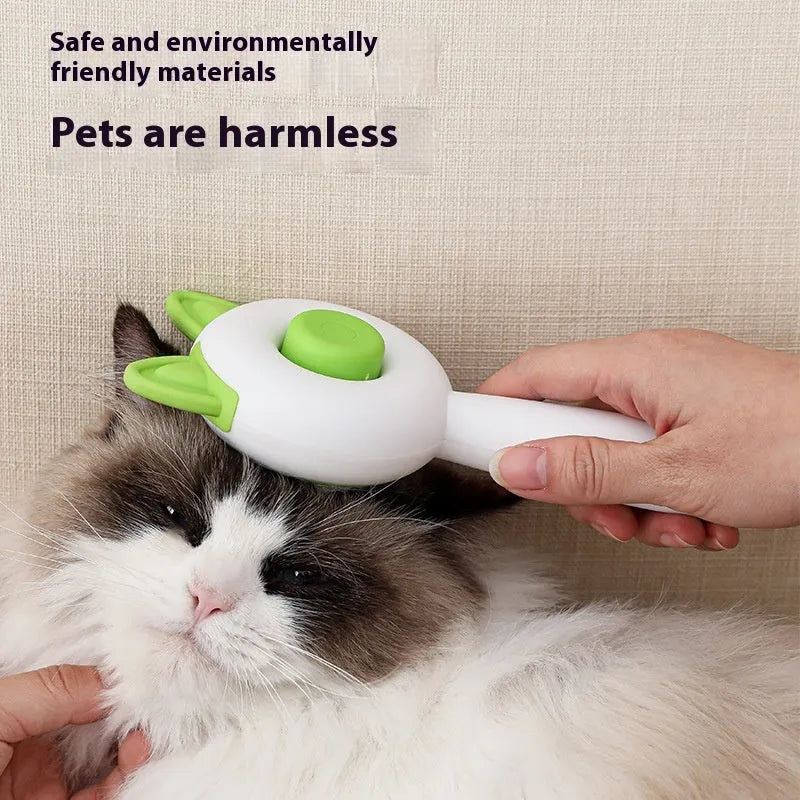 Self-cleaning cat grooming brush with stainless steel teeth in greenish white or orange white colour