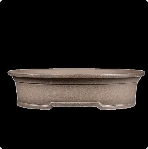 Handmade antique oval bonsai flower pot in purple sand clay, showing dimensions.