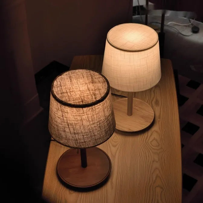 Walnut colour solid wood bedside lamp with cloth shade and cable switch