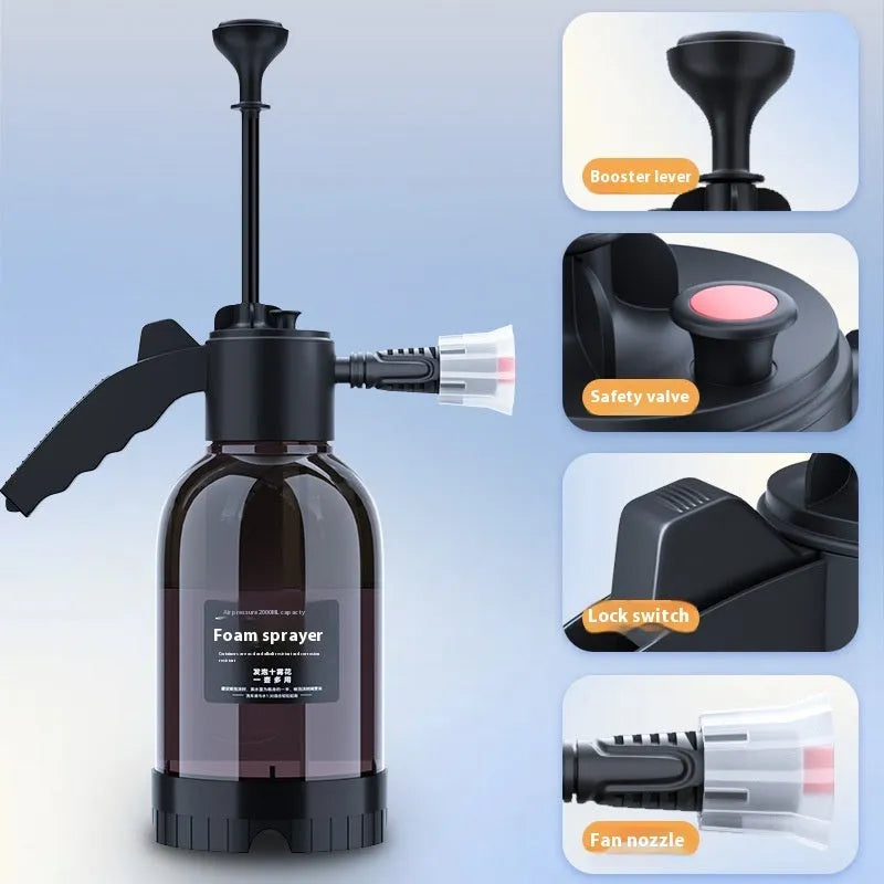 Black 2L foam watering can with ergonomic handle and adjustable nozzle for car washing and household use