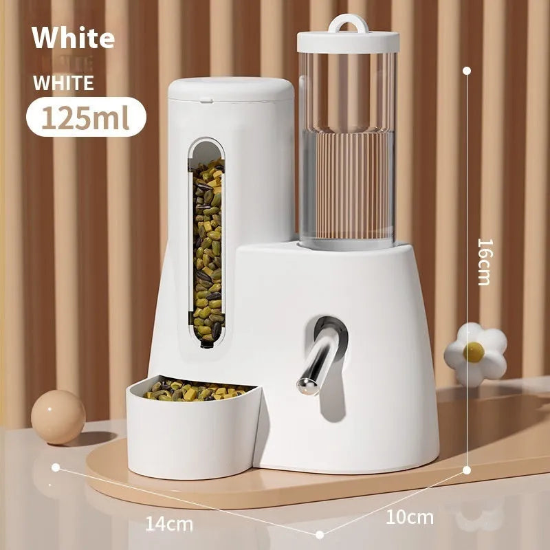 White hamster automatic drinking water feeder with combined food basin for cage mounting