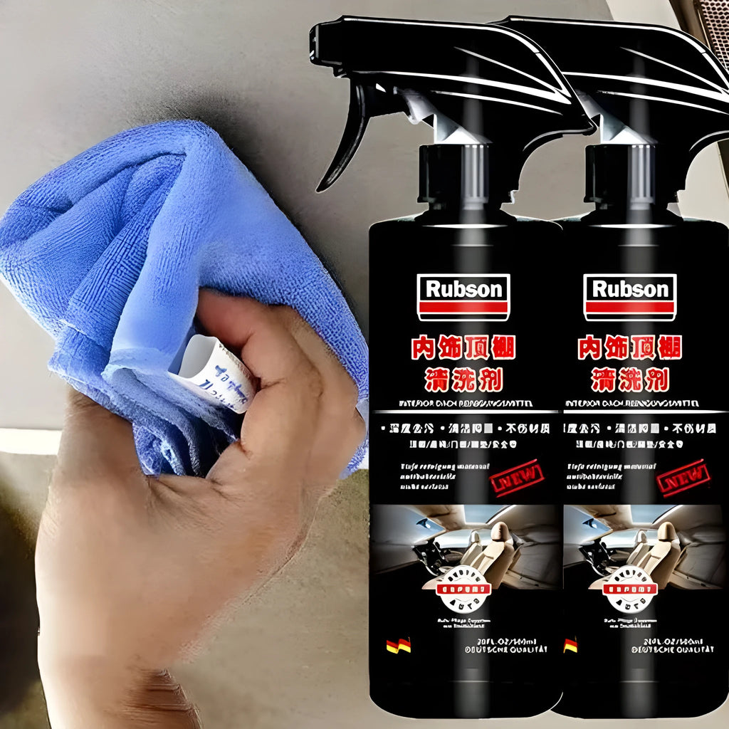 Wash-free fabric roof foam cleaner bottle with microfibre towel and sponge wipes for car interior cleaning.