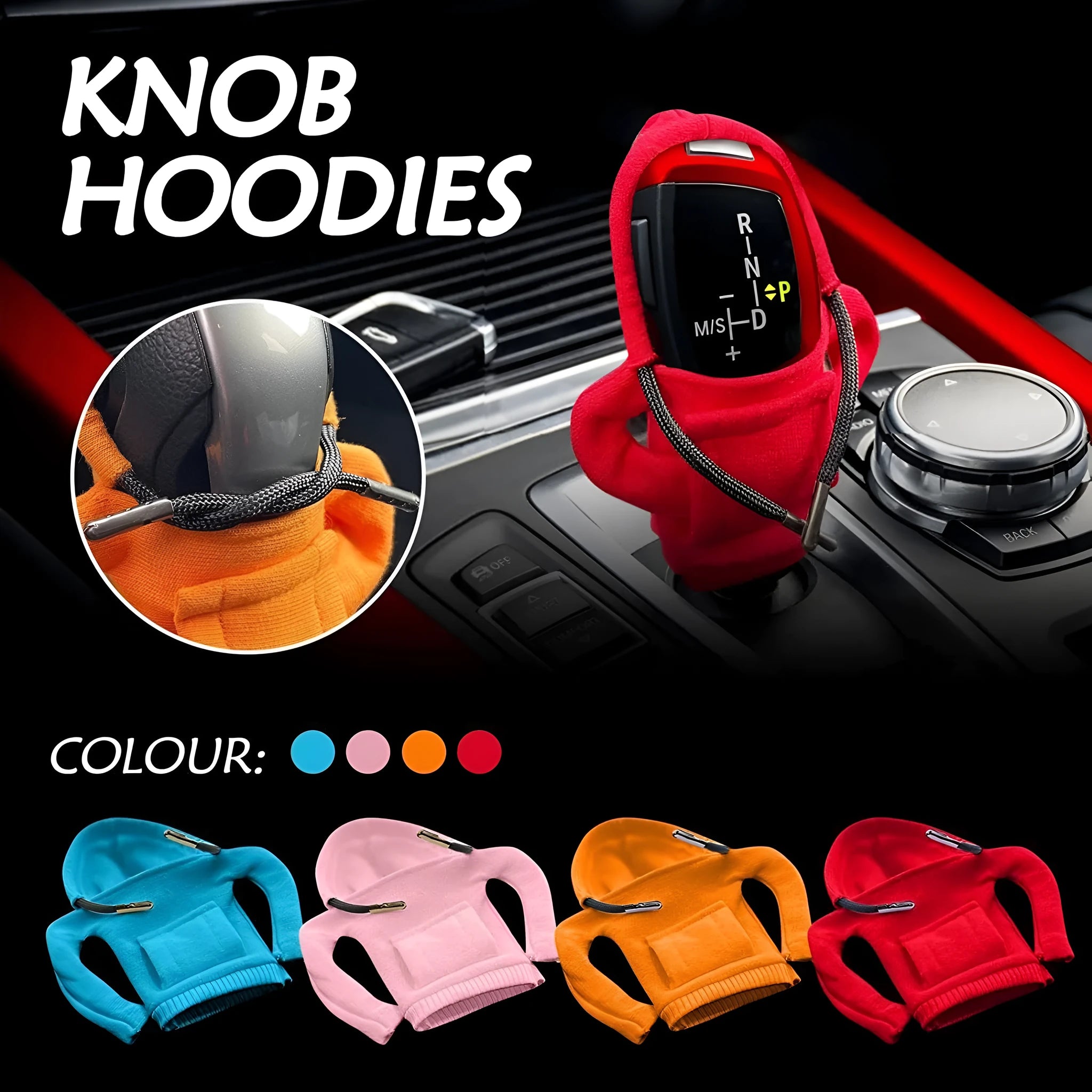 Cloth gear shift knob cover in assorted colours, shown with dimensions of 13 cm by 8 cm.