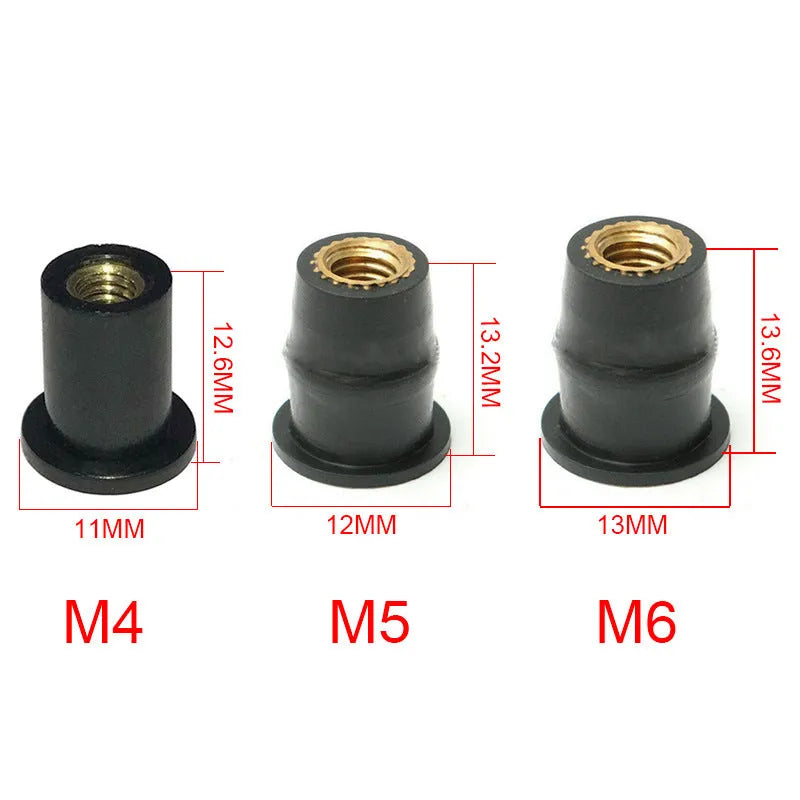 Black rubber well nut fasteners with brass inserts for motorcycle windshields, M4 M5 M6 sizes.