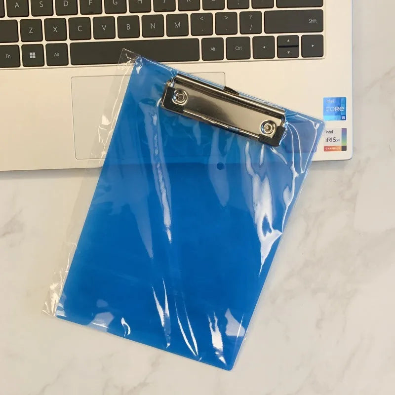 A4 transparent plastic writing board holder with metal clip in multiple colour options