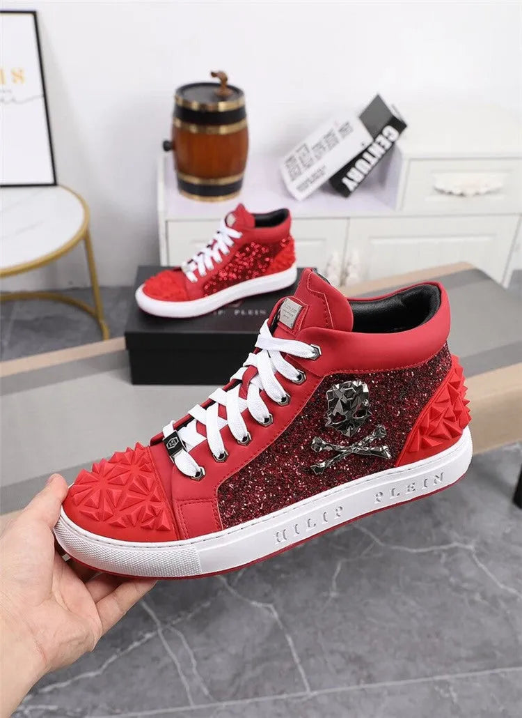 Genuine leather high top skeleton shoes for men with lace-up closure and round toe design