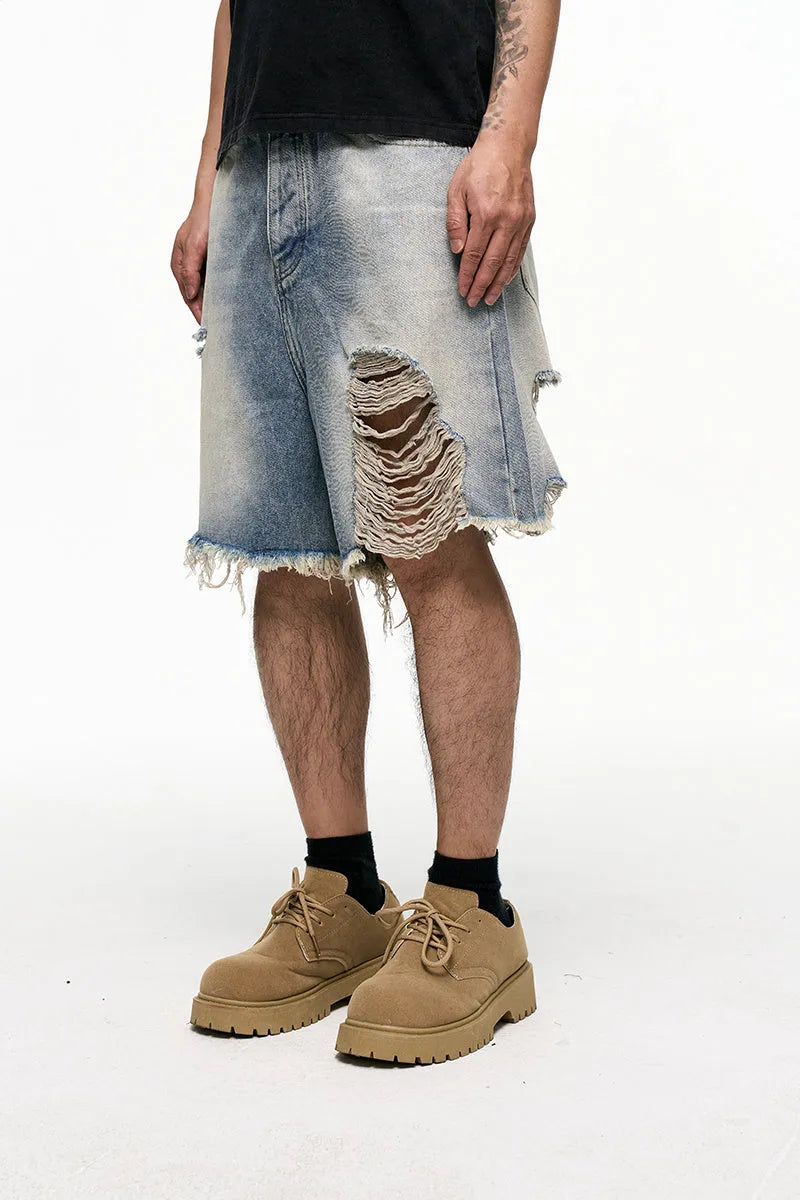 Light blue retro washed denim shorts for men with baggy wide-leg cut and mid-waist design