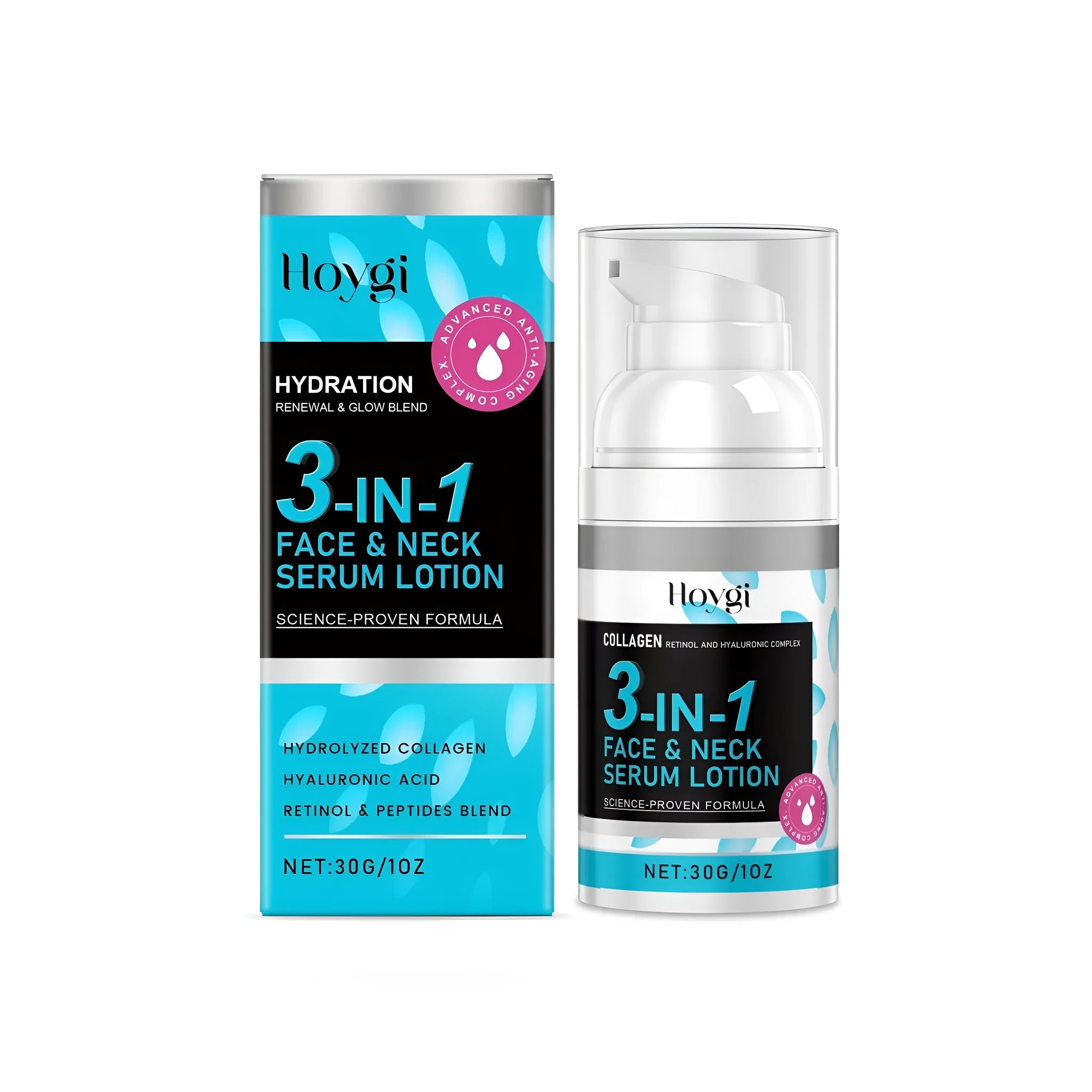 30g tube of 3-in-1 face and neck serum lotion with collagen, retinol and hyaluronic acid