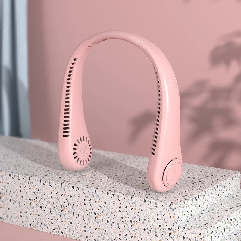 Blue USB rechargeable bladeless neck fan hanging on a flexible neckband.