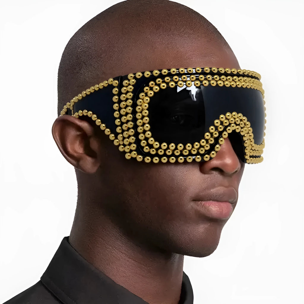 Men's punk square sunglasses with large frame and rivet details in silver or gold colour