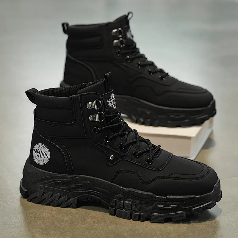 Men's black and yellow high-top Martin boots with a mid heel and injection moulded sole.