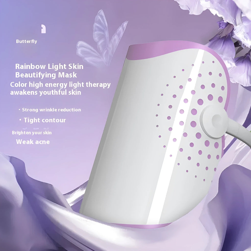 White and purple photon IPL beauty mask device body made of ABS and silicone measuring 222x150x110mm