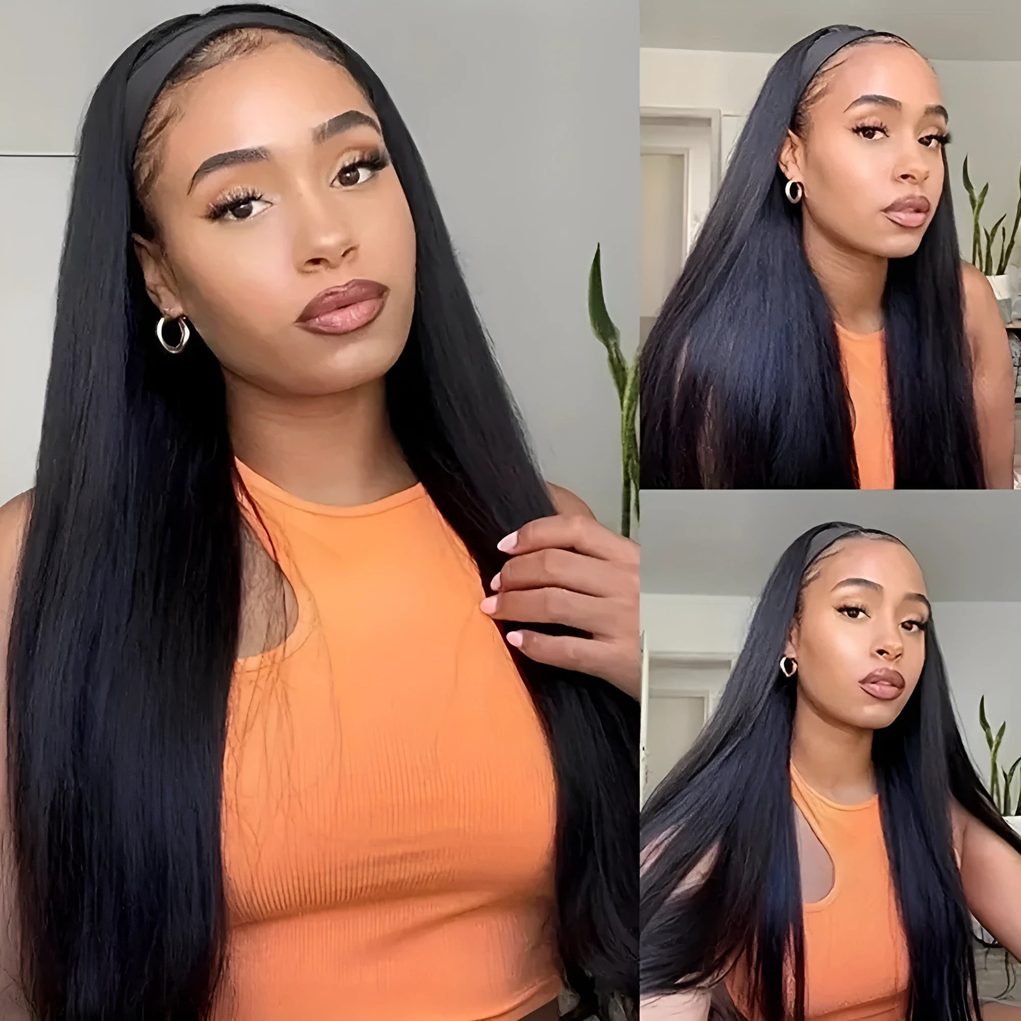 Headband wig with long straight black synthetic hair on a mannequin head