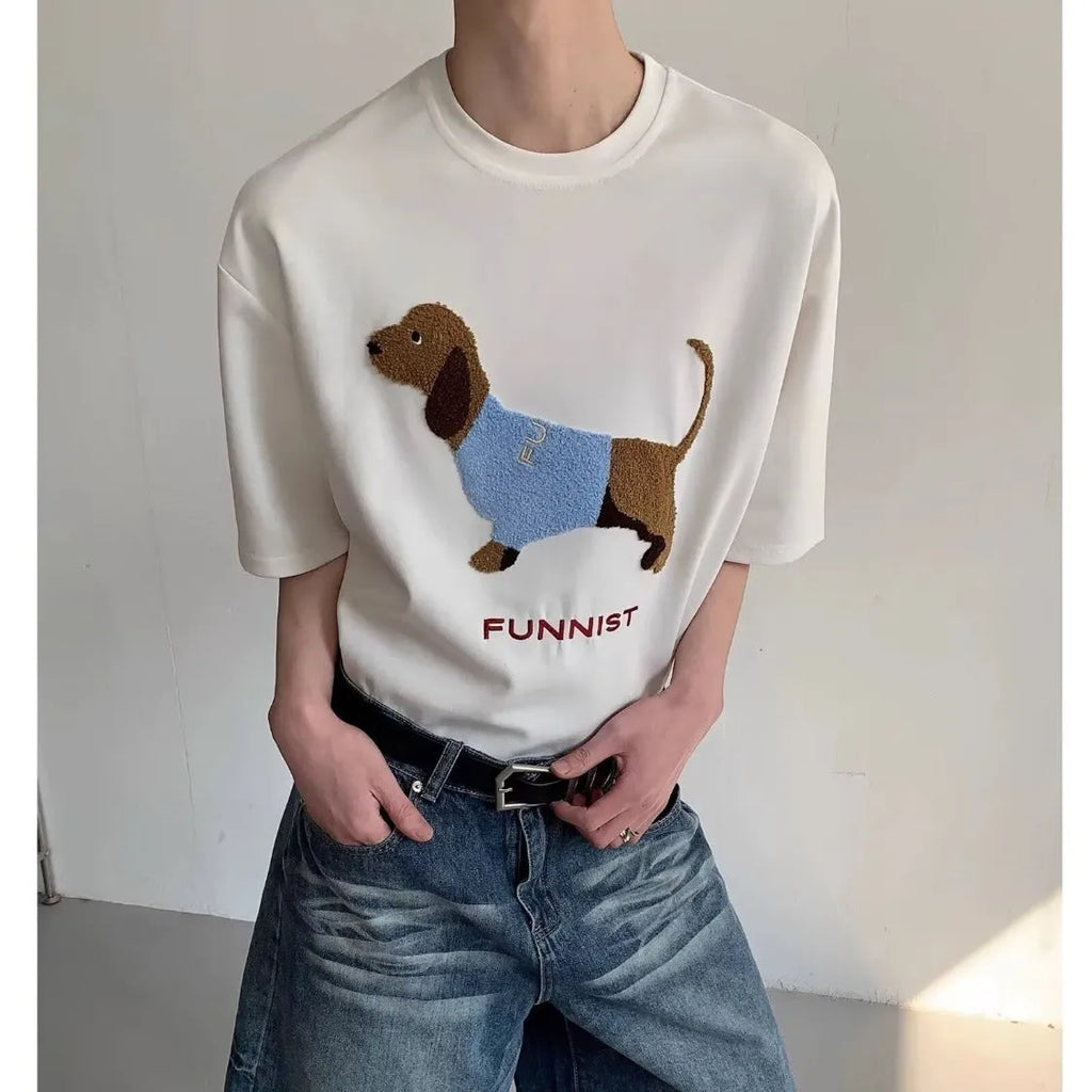 Men's gray T-shirt with embroidered sausage dog design on front