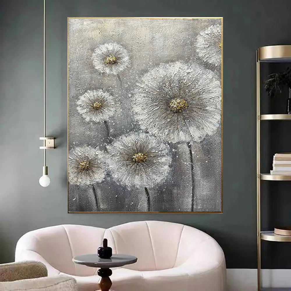 Hand-painted white flower plant oil painting on grey canvas, vertical unframed wall art for home decor