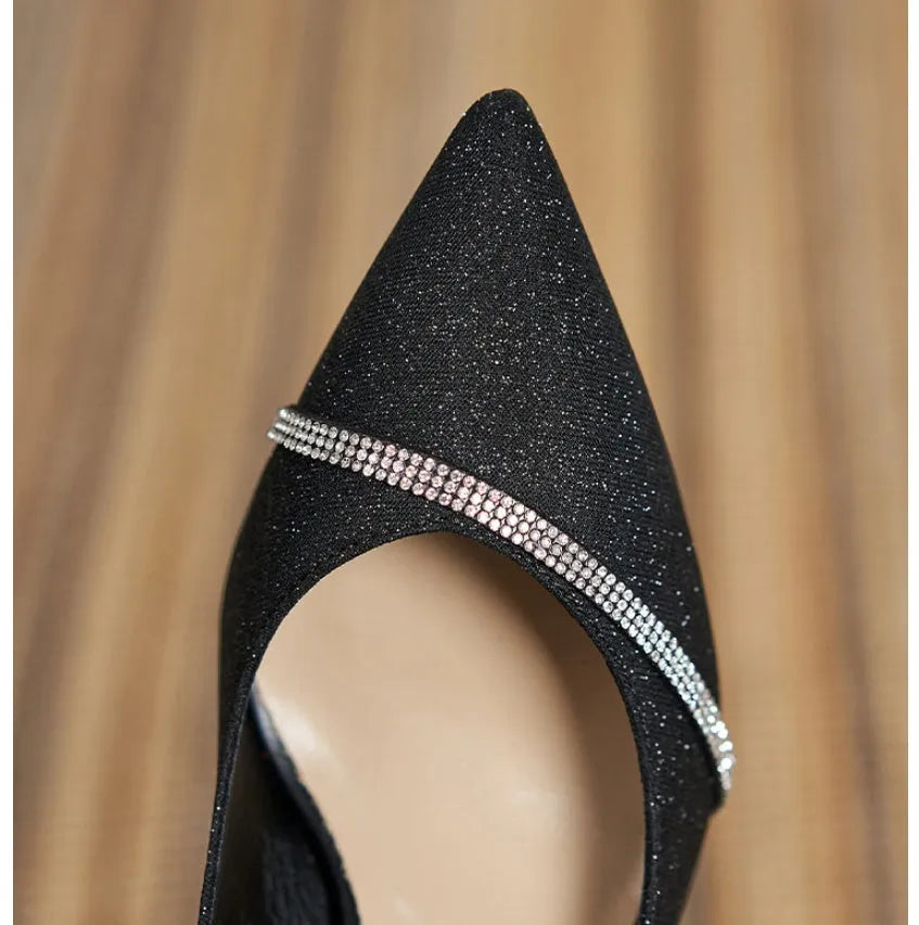 Black sequined high heels with 7cm thin heel, beef tendon sole, pigskin inner, and low upper