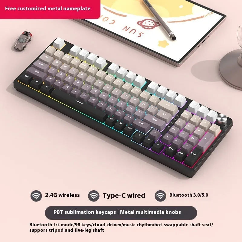 98 key wireless Bluetooth mechanical keyboard kit with metal knob on desk