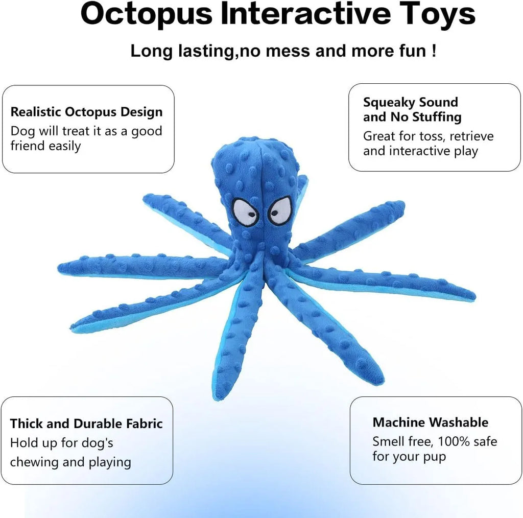Blue octopus-shaped dog plush toy with squeaker and crinkle sounds, measuring 32 cm long.