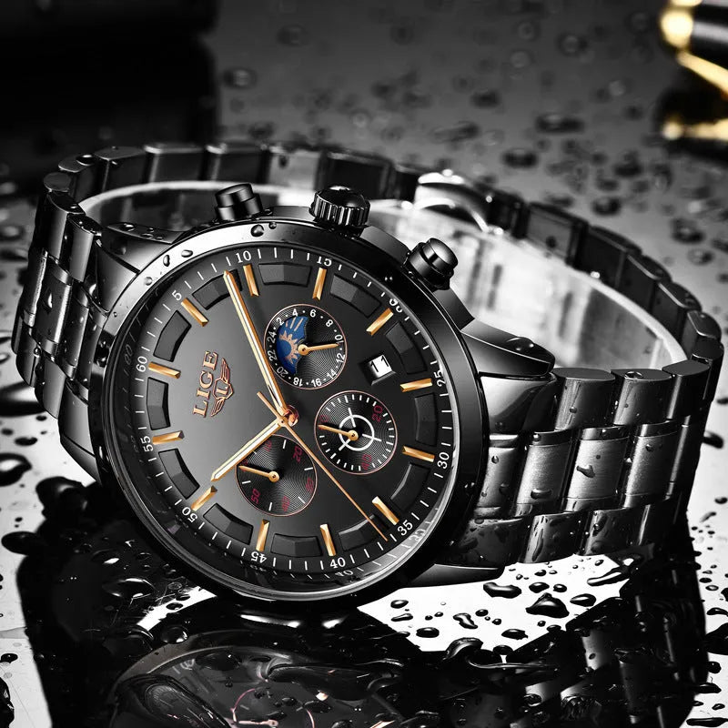 Men's quartz sports watch with a 12mm thick case in various colour combinations.