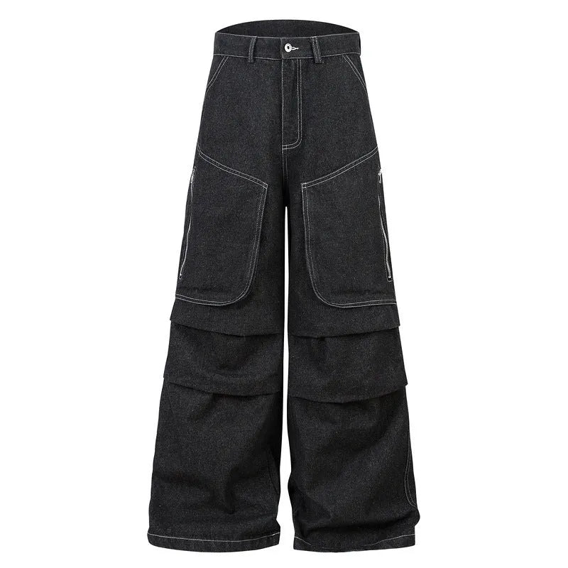 Black multi-pocket pleated workwear jeans in cotton denim with zip fly and mid waist design
