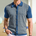 Men's short-sleeved Tencel cardigan with geometric jacquard and flocking, lapel collar, available in black, brown, blue