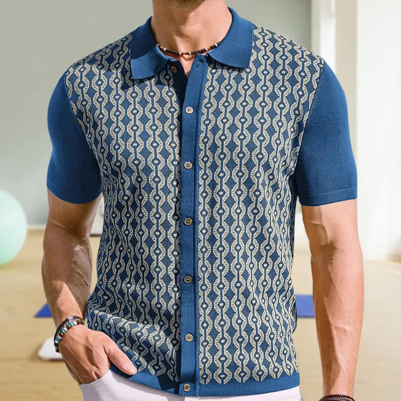 Men's short-sleeved Tencel cardigan with geometric jacquard and flocking, lapel collar, available in black, brown, blue