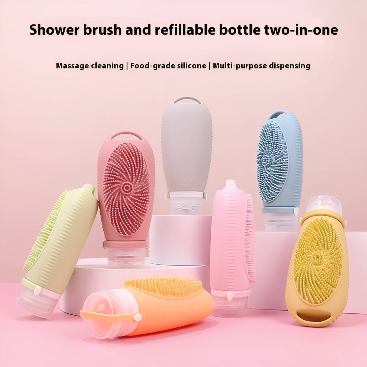 Silicone bath brush storage bottle in a choice of colours including pink and sea blue on a bathroom counter.