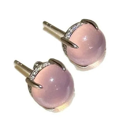 Round chalcedony stud earrings with four-claw copper setting in Chinese national fashion retro style